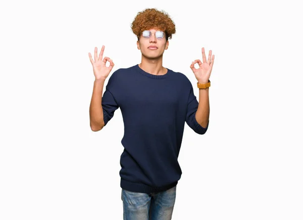 Young Handsome Man Afro Wearing Glasses Relax Smiling Eyes Closed — Stock Photo, Image