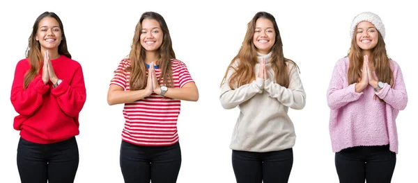 Collage Van Mooie Jonge Vrouw Geïsoleerde Achtergrond Bidden Met Handen — Stockfoto