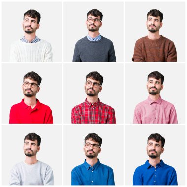 Genç adam görünümlü yan ve dik dik bakma uzağa düşünce gülümseyen izole arka plan üzerine kolaj.