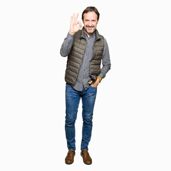 Middle Age Handsome Man Wearing Winter Vest Smiling Positive Doing — Stock Photo, Image