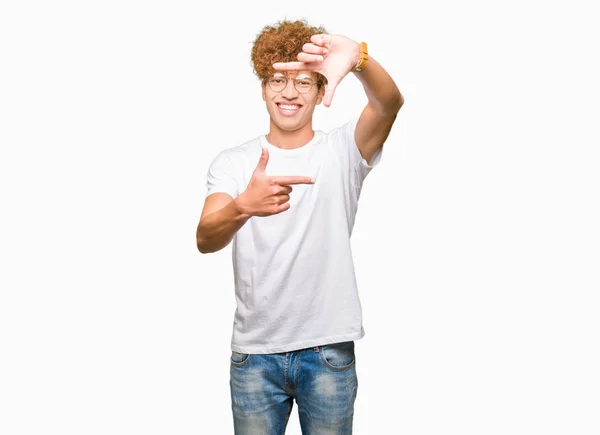 Young Handsome Man Afro Hair Wearing Glasses Smiling Making Frame — Stock Photo, Image