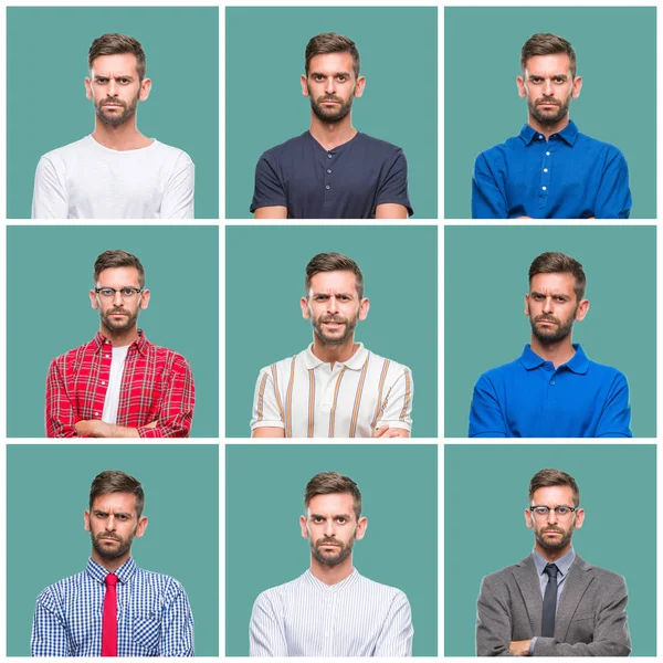 Collage Stilig Ung Man Över Grön Isolerad Bakgrund Skeptiker Och — Stockfoto