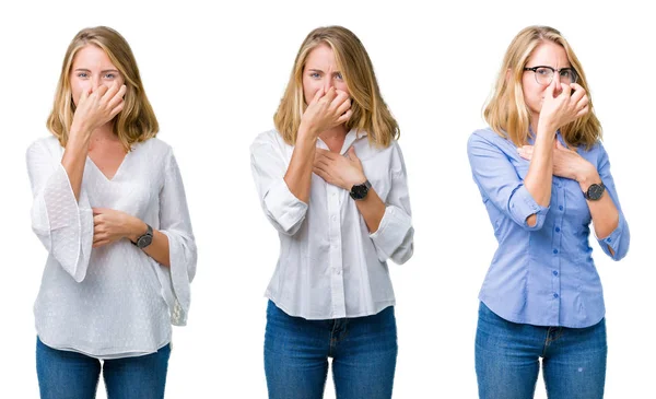 Collage Einer Schönen Blonden Geschäftsfrau Vor Weißem Isoliertem Hintergrund Die — Stockfoto