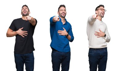 Beyaz izole arka plan üzerinde yakışıklı adam Kolaj Seni gülüyor, göğüs üzerinde parmak el ile kameraya işaret, utanç ifade