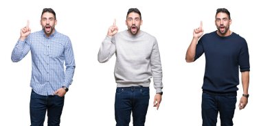 Başarılı bir fikir ile parmak işaret beyaz izole arka plan üzerinde yakışıklı iş adamı Kolaj. Çıktı ve mutlu. Bir numara.