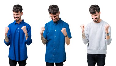 Kolaj bir genç adam izole arka plan çok mutlu ve heyecanlı kaldırdı, gülümseyen ve başarı için çığlık silah ile kazanan jest yapıyor. Kutlama kavramı.