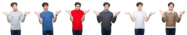 両手を開く手のひらを見せる白い孤立した背景の上の若者のコラージュ 提示と広告の比較とバランス — ストック写真