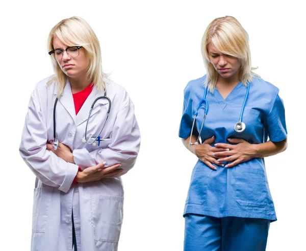 Collage Läkare Och Sjuksköterska Kvinna Över Vit Isolerad Bakgrund Med — Stockfoto