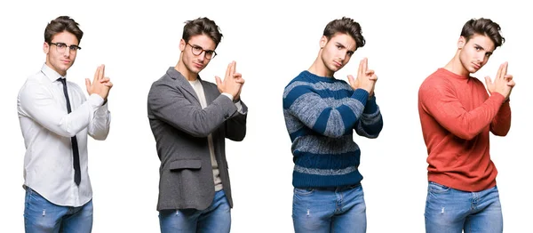 Collage Joven Hombre Negocios Guapo Sobre Fondo Aislado Sosteniendo Arma —  Fotos de Stock