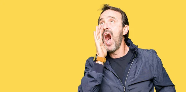 Middle Age Handsome Man Wearing Jacket Shouting Screaming Loud Side — Stock Photo, Image