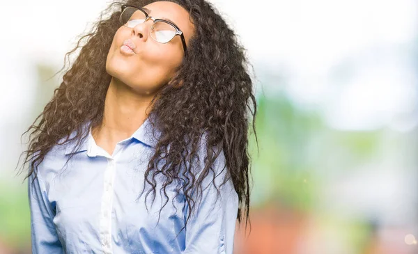 Young Beautiful Business Girl Curly Hair Wearing Glasses Making Fish — Stock Photo, Image