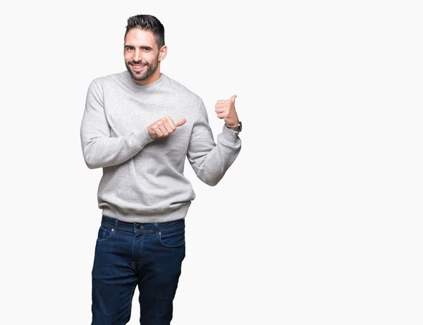 Jovem Homem Bonito Vestindo Camisola Sobre Fundo Isolado Apontando Para — Fotografia de Stock