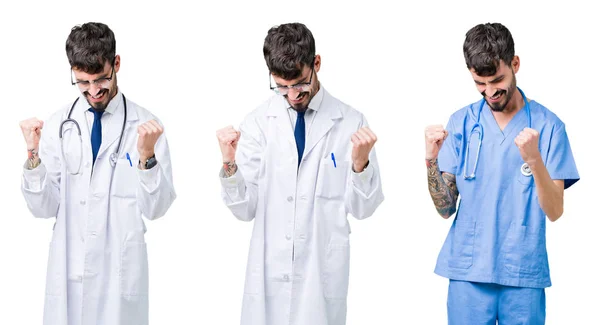 Коллаж Врача Человек Медицинском Пальто Изолированном Фоне Счастлив Взволнован Делая — стоковое фото