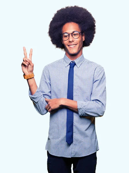 Young African American Business Man Afro Hair Wearing Glasses Smiling — Stock Photo, Image