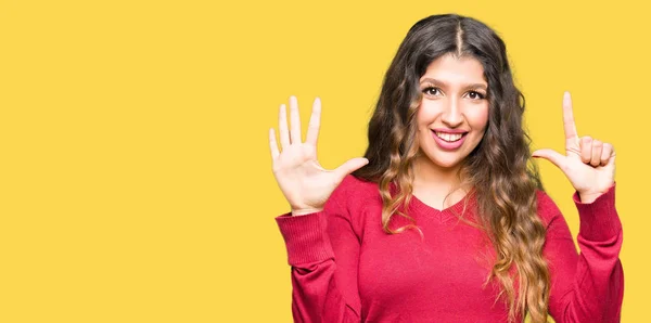 Young Beautiful Woman Wearing Red Sweater Showing Pointing Fingers Number — Stock Photo, Image