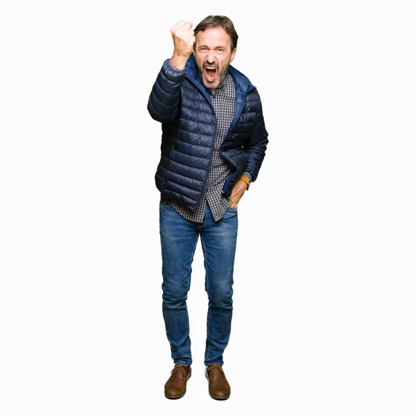 Middle Age Handsome Man Wearing Winter Coat Angry Mad Raising — Stock Photo, Image
