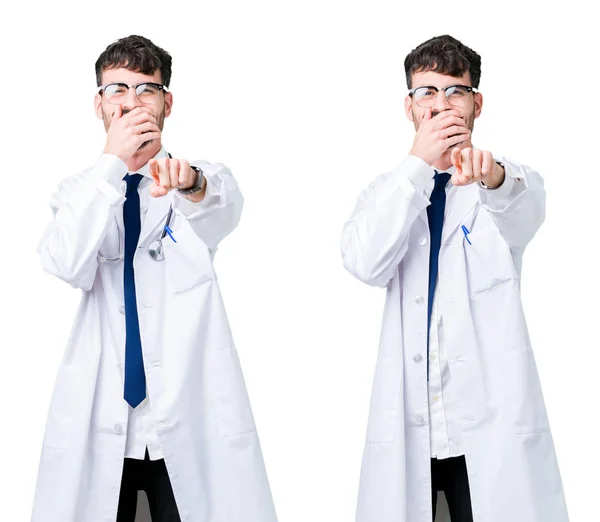 Collage Young Doctor Man Wearing Medical Coat Laughing You Pointing — Stock Photo, Image