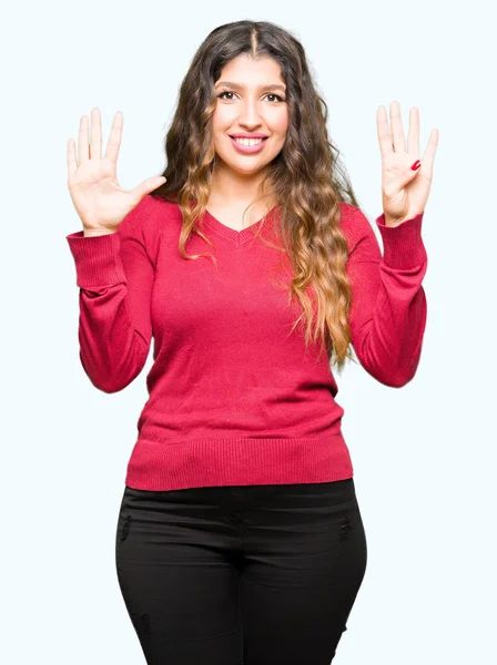 Jovem Mulher Bonita Vestindo Camisola Vermelha Mostrando Apontando Para Cima — Fotografia de Stock
