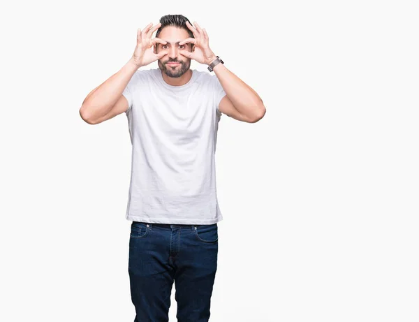 Bello Uomo Che Indossa Shirt Bianca Sfondo Bianco Isolato Cercando — Foto Stock