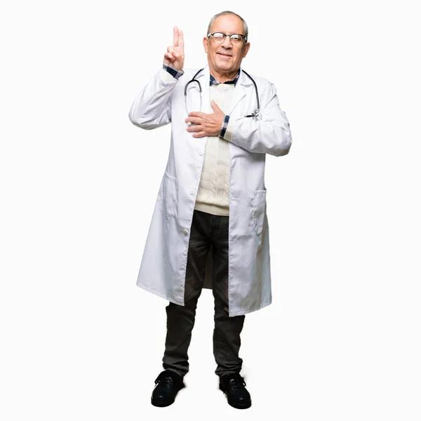 Handsome Senior Doctor Man Wearing Medical Coat Swearing Hand Chest — Stock Photo, Image