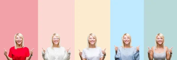 Collage Van Mooie Blonde Vrouw Kleurrijke Strepen Geïsoleerd Achtergrond Succes — Stockfoto