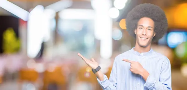 Young African American Man Afro Hair Amazed Smiling Camera While — Stock Photo, Image