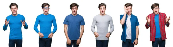 Collage Ung Man Över Isolerade Vitbakgrund Rädd Och Chockad Med — Stockfoto