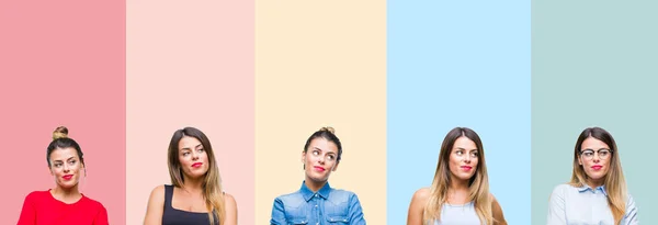 Collage Mujer Hermosa Joven Sobre Rayas Colores Fondo Aislado Sonriendo —  Fotos de Stock