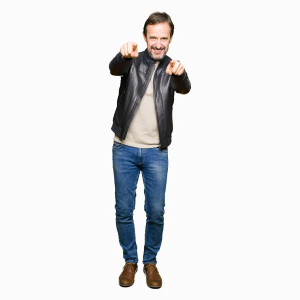 Middle Age Handsome Man Wearing Black Leather Jacket Pointing You — Stock Photo, Image