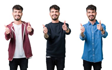 İzole arka plan onaylama üzerinde genç adam kolaj el ile pozitif jest yapıyor gülümseyen ve başarı için mutlu Yaşasın. Kamera, kazanan jest arıyorsunuz.