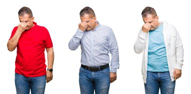 Arap orta yaş adam izole arka plan yorgun sürtünme burun ve göz yorgunluğu ve baş ağrısı duygu bileşimi. Stres ve hayal kırıklığı kavramı.