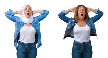 İzole arka plan üzerinde güzel orta yaş Arap kadın kolaj çılgın ve baş elleri ile korkuyor, korku ve açık ağız ile şok şaşırttı