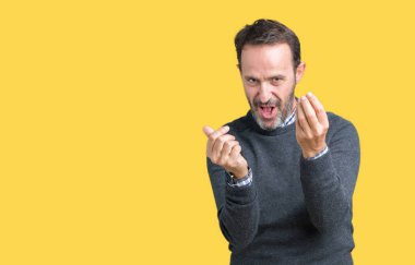 Maaş ödeme için milyoner iş soran izole arka plan yapıyor para hareketi el ile üzerinden bir kazak giymiş yakışıklı orta yaş komuta sizde