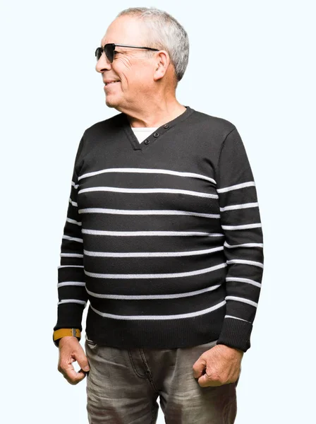 Handsome Senior Man Wearing Winter Sweater Sunglasses Looking Away Side — Stock Photo, Image