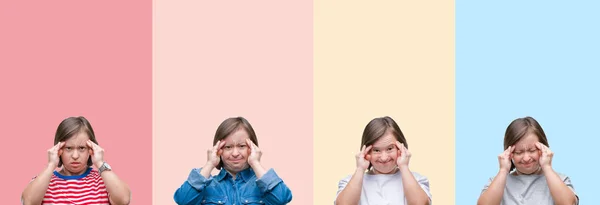 Renkli Çizgiler Üzerinde Aşağı Sendromu Kadın Kolaj Kafa Ağrısı Için — Stok fotoğraf