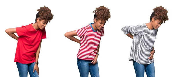 Collage Unga Vackra Afrikansk Flicka Över Isolerad Bakgrund Lidande Ryggvärk — Stockfoto