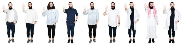 Collage Giovane Uomo Con Barba Capelli Lunghi Sfondo Bianco Isolato — Foto Stock