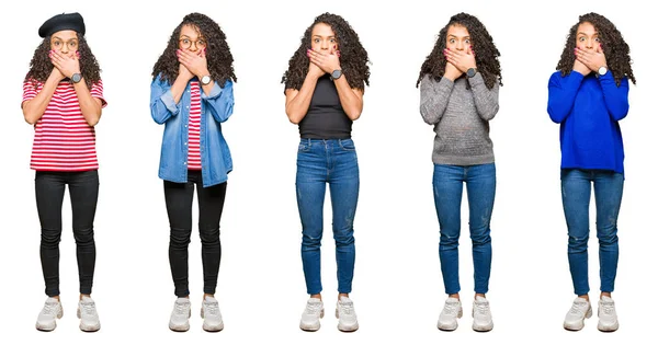 Collage Vacker Ung Kvinna Med Lockigt Hår Över Vit Isolerad — Stockfoto