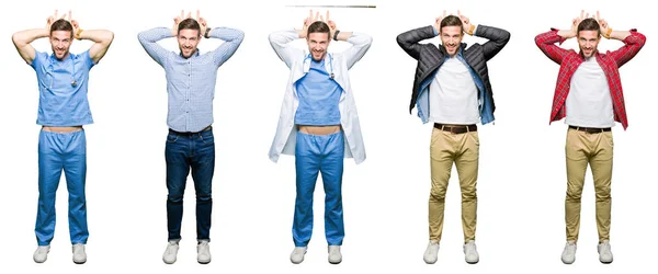 Collage Attractive Young Man White Isolated Background Posing Funny Crazy — Stock Photo, Image