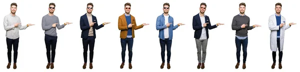 Colagem Belo Jovem Homem Negócios Vestindo Diferentes Olhares Sobre Fundo — Fotografia de Stock