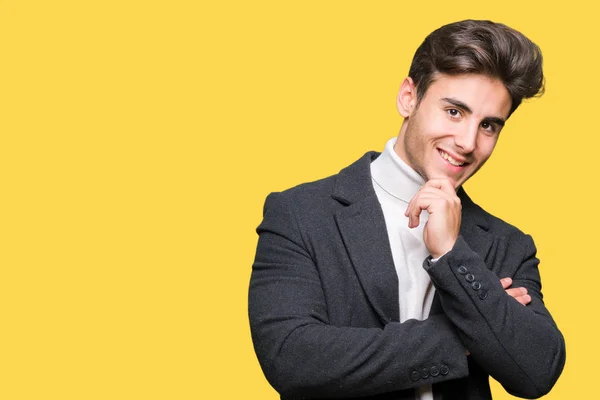 Homem Elegante Jovem Vestindo Casaco Inverno Sobre Fundo Isolado Olhando — Fotografia de Stock