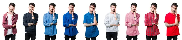 Collage Hombre Joven Sobre Fondo Aislado Pensando Que Cansado Aburrido —  Fotos de Stock