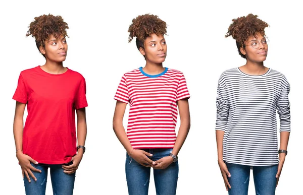 Genç güzel Afrikalı kız görünümlü yan ve dik dik bakma uzağa düşünce gülümseyen izole arka plan üzerine kolaj.