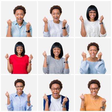 İzole arka plan kutlama üzerinde afro saçlı genç Afro-Amerikan kadın şaşırttı ve başarı için kaldırdı kollarını açarak hayret ve gözleri açık. Kazanan kavramı.