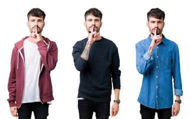 Dudaklarında parmak ile sessiz olmanı izole arka plan üzerinde genç adam kolaj. Sessizlik ve gizli kavramı.