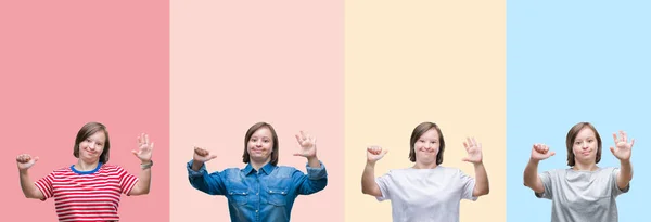 カラフルなストライプの上にダウン症候群の女性のコラージュは 自信と幸せに微笑みながら 指番号6で示し 指を上げる孤立した背景を分離しました — ストック写真