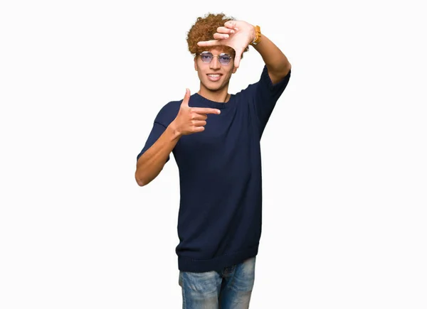 Young Handsome Man Afro Wearing Glasses Smiling Making Frame Hands — Stock Photo, Image