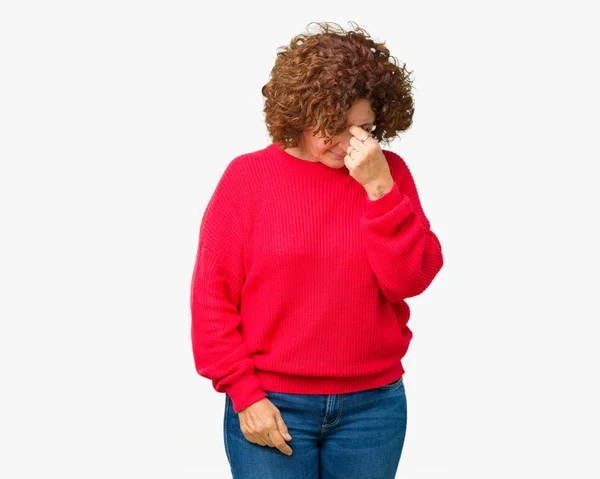 Beautiful Middle Ager Senior Woman Red Winter Sweater Isolated Background — Stock Photo, Image