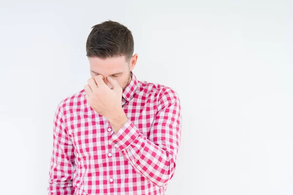 Young Handsome Man Wearing Shirt Isolated Background Tired Rubbing Nose — Stock Photo, Image