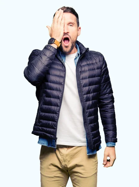 Handsome Man Wearing Winter Coat Yawning Tired Covering Half Face — Stock Photo, Image